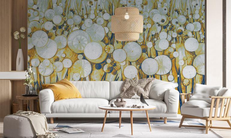 Blue-orange watercolor dandelions wall mural wallpaper | ExtraWall photo in an interior