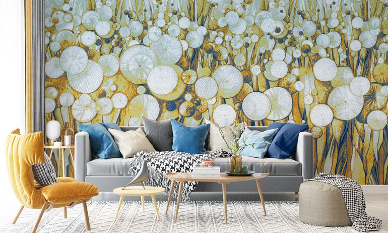 Blue-orange watercolor dandelions wall mural wallpaper | ExtraWall photo in smome beautiful interior
