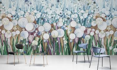 Green-blue watercolor dandelions wall mural wallpaper | ExtraWall