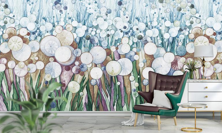 Green-blue watercolor dandelions wall mural wallpaper | ExtraWall photo in smome beautiful interior