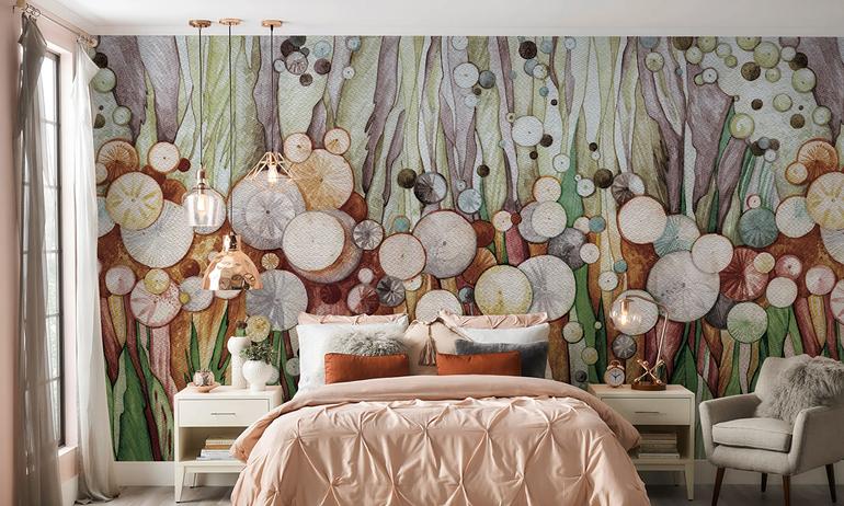 Brown watercolor dandelions wall mural wallpaper | ExtraWall photo in smome beautiful interior