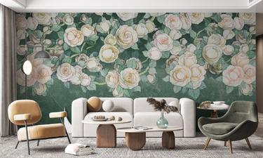 Green watercolor roses wall mural wallpaper | ExtraWall
