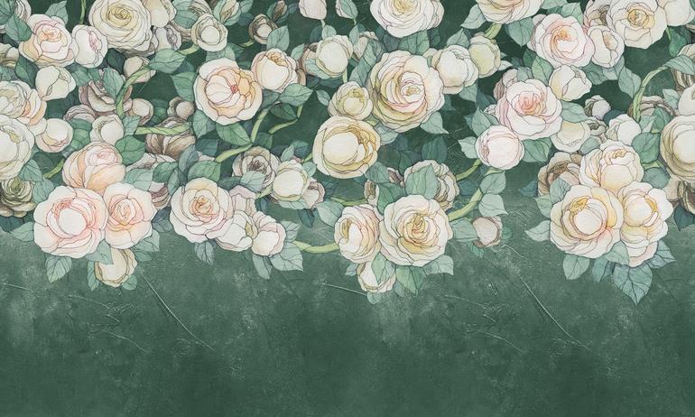 Green watercolor roses wall mural wallpaper | ExtraWall
