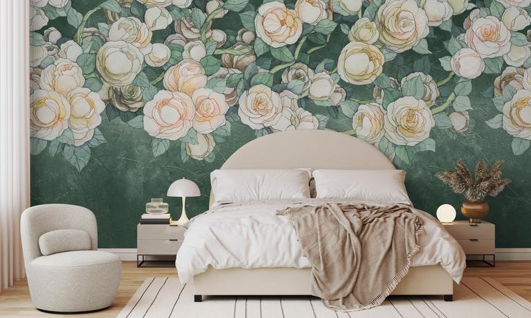 Green watercolor roses wall mural wallpaper | ExtraWall photo in smome beautiful interior