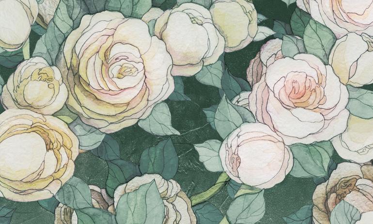 Green watercolor roses wall mural wallpaper | ExtraWall large fragment photo