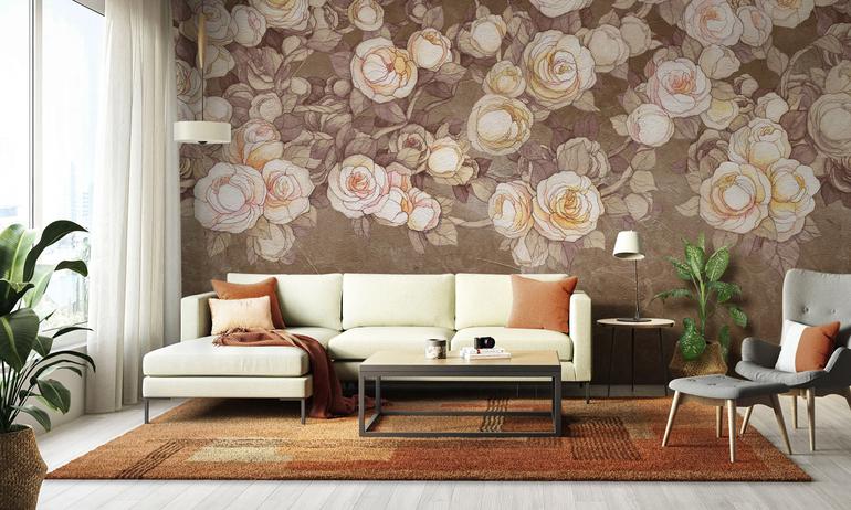 Brown watercolor roses wall mural wallpaper | ExtraWall photo in an interior