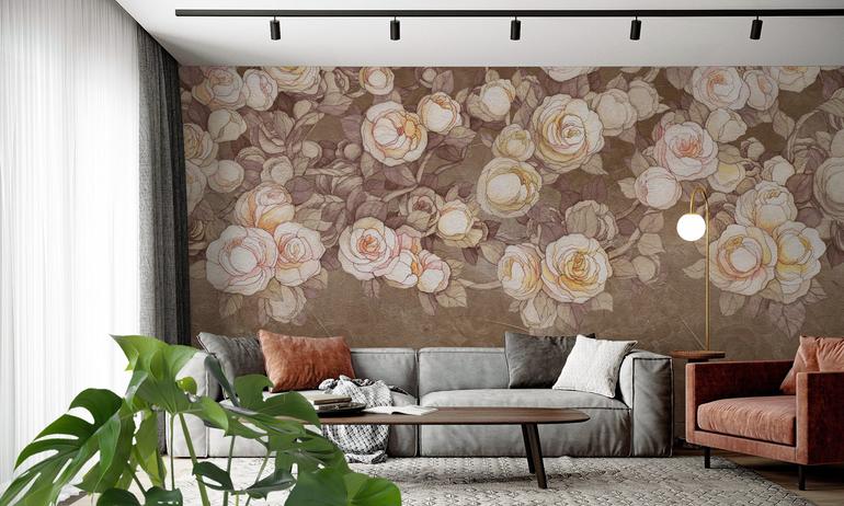 Brown watercolor roses wall mural wallpaper | ExtraWall photo in smome beautiful interior