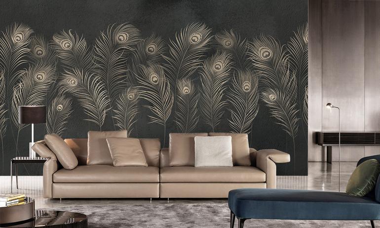 Peacock dark feathers wall mural wallpaper | ExtraWall photo in smome beautiful interior