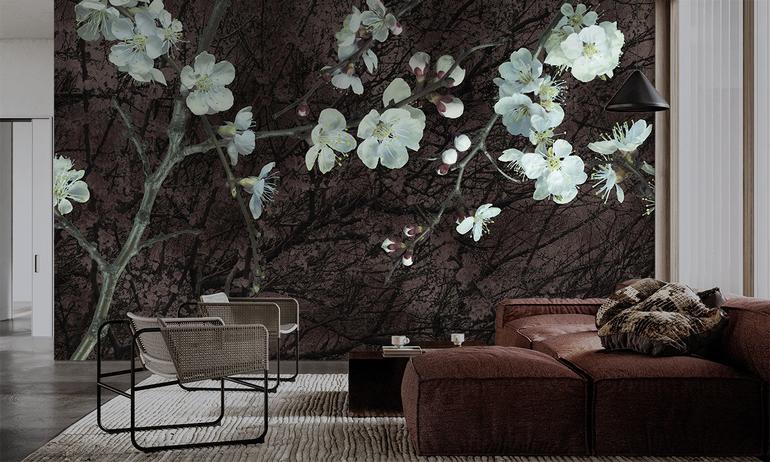 Apricot flowers wall mural wallpaper | ExtraWall photo in smome beautiful interior