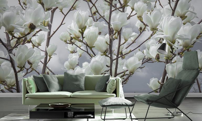 Magnolia white flowers wall mural wallpaper | ExtraWall